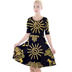 Maya Style Gold Linear Totem Icons Quarter Sleeve A-line Dress by Vaneshart