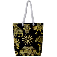 Maya Style Gold Linear Totem Icons Full Print Rope Handle Tote (small) by Vaneshart