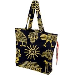 Maya Style Gold Linear Totem Icons Drawstring Tote Bag by Vaneshart