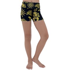 Maya Style Gold Linear Totem Icons Kids  Lightweight Velour Yoga Shorts by Vaneshart