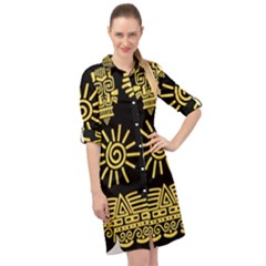 Maya Style Gold Linear Totem Icons Long Sleeve Mini Shirt Dress by Vaneshart