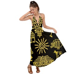 Maya Style Gold Linear Totem Icons Backless Maxi Beach Dress by Vaneshart