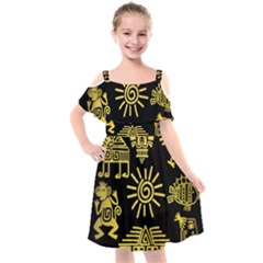 Maya Style Gold Linear Totem Icons Kids  Cut Out Shoulders Chiffon Dress by Vaneshart