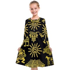 Maya Style Gold Linear Totem Icons Kids  Midi Sailor Dress by Vaneshart