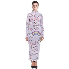 Seamless Pattern With Cute Rabbit Character Turtleneck Maxi Dress by Vaneshart