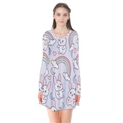 Seamless Pattern With Cute Rabbit Character Long Sleeve V-neck Flare Dress by Vaneshart