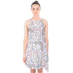 Seamless Pattern With Cute Rabbit Character Halter Collar Waist Tie Chiffon Dress by Vaneshart