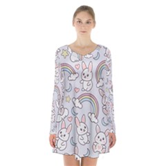 Seamless Pattern With Cute Rabbit Character Long Sleeve Velvet V-neck Dress by Vaneshart