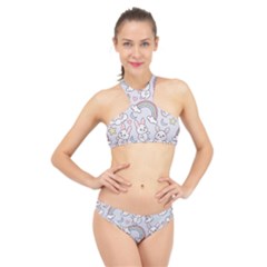 Seamless Pattern With Cute Rabbit Character High Neck Bikini Set by Vaneshart