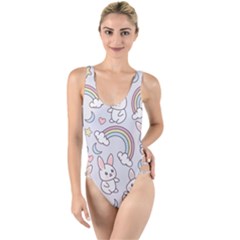 Seamless Pattern With Cute Rabbit Character High Leg Strappy Swimsuit by Vaneshart