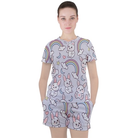 Seamless Pattern With Cute Rabbit Character Women s Tee And Shorts Set by Vaneshart