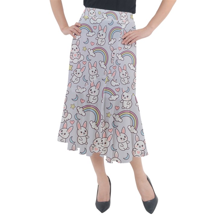 Seamless Pattern With Cute Rabbit Character Midi Mermaid Skirt