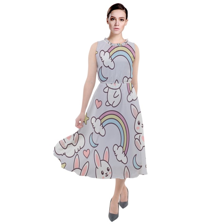 Seamless Pattern With Cute Rabbit Character Round Neck Boho Dress