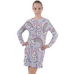 Seamless Pattern With Cute Rabbit Character Long Sleeve Hoodie Dress by Vaneshart