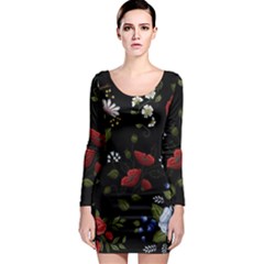 Floral Folk Fashion Ornamental Embroidery Pattern Long Sleeve Bodycon Dress