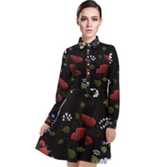 Floral Folk Fashion Ornamental Embroidery Pattern Long Sleeve Chiffon Shirt Dress