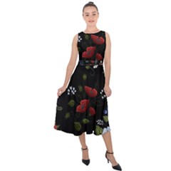 Floral Folk Fashion Ornamental Embroidery Pattern Midi Tie-back Chiffon Dress by Vaneshart