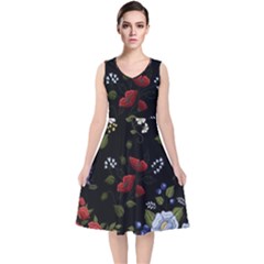 Floral Folk Fashion Ornamental Embroidery Pattern V-neck Midi Sleeveless Dress  by Vaneshart