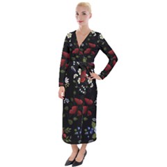 Floral Folk Fashion Ornamental Embroidery Pattern Velvet Maxi Wrap Dress