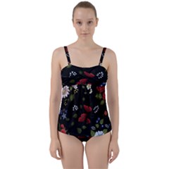 Floral Folk Fashion Ornamental Embroidery Pattern Twist Front Tankini Set by Vaneshart