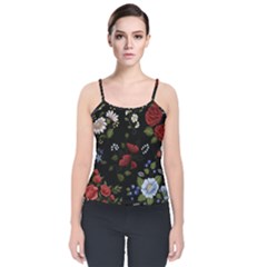 Floral Folk Fashion Ornamental Embroidery Pattern Velvet Spaghetti Strap Top