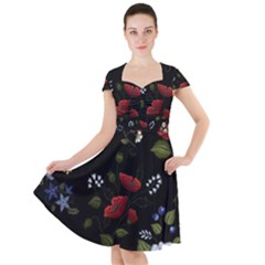 Floral Folk Fashion Ornamental Embroidery Pattern Cap Sleeve Midi Dress by Vaneshart