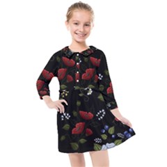 Floral Folk Fashion Ornamental Embroidery Pattern Kids  Quarter Sleeve Shirt Dress by Vaneshart