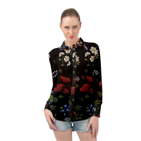 Floral Folk Fashion Ornamental Embroidery Pattern Long Sleeve Chiffon Shirt by Vaneshart