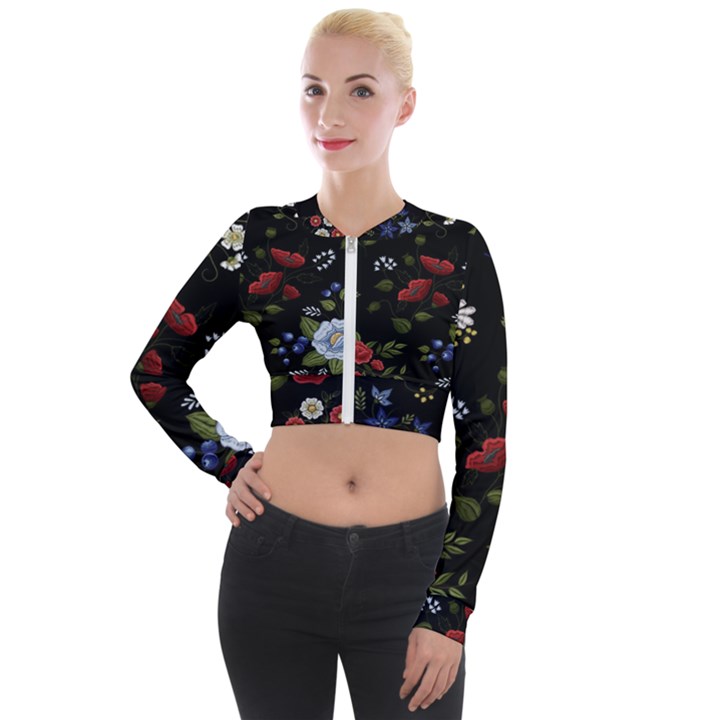 Floral Folk Fashion Ornamental Embroidery Pattern Long Sleeve Cropped Velvet Jacket