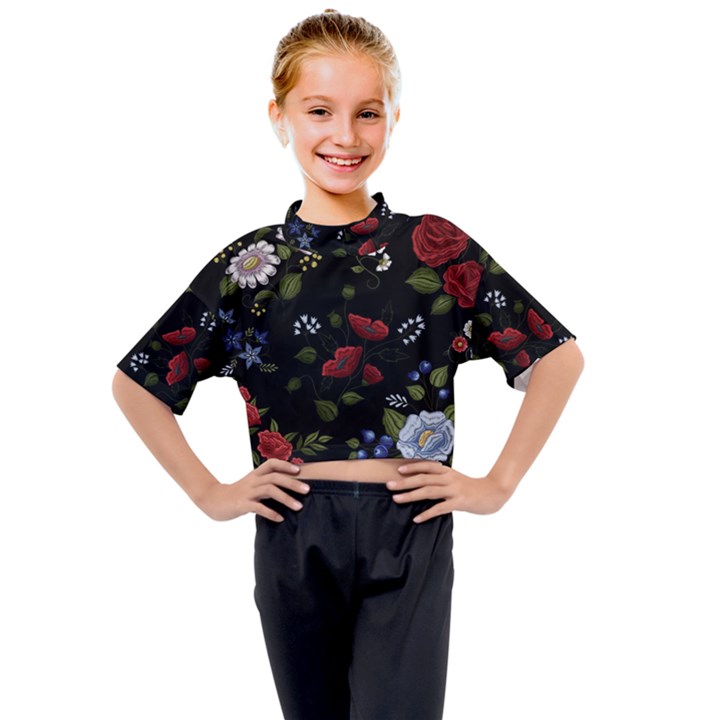 Floral Folk Fashion Ornamental Embroidery Pattern Kids Mock Neck Tee