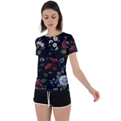 Floral Folk Fashion Ornamental Embroidery Pattern Back Circle Cutout Sports Tee