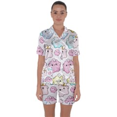 Cute Doodle Cartoon Seamless Pattern Satin Short Sleeve Pyjamas Set