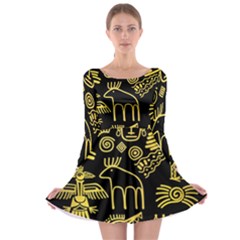 Golden Indian Traditional Signs Symbols Long Sleeve Skater Dress by Vaneshart