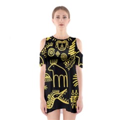 Golden Indian Traditional Signs Symbols Shoulder Cutout One Piece Dress by Vaneshart