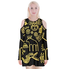 Golden Indian Traditional Signs Symbols Velvet Long Sleeve Shoulder Cutout Dress by Vaneshart