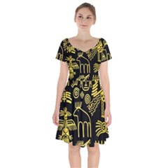 Golden Indian Traditional Signs Symbols Short Sleeve Bardot Dress by Vaneshart