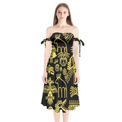 Golden Indian Traditional Signs Symbols Shoulder Tie Bardot Midi Dress by Vaneshart