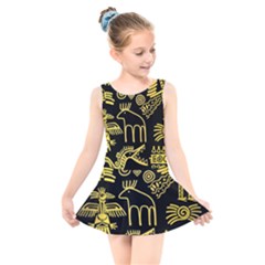 Golden Indian Traditional Signs Symbols Kids  Skater Dress Swimsuit by Vaneshart