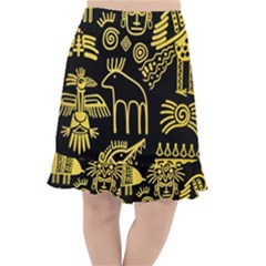 Golden Indian Traditional Signs Symbols Fishtail Chiffon Skirt by Vaneshart