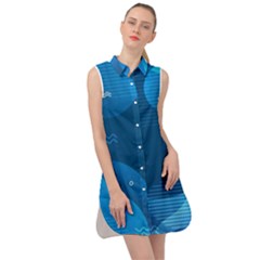 Abstract Classic Blue Background Sleeveless Shirt Dress