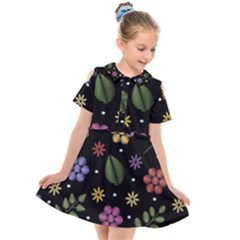 Embroidery Seamless Pattern With Flowers Kids  Short Sleeve Shirt Dress by Vaneshart