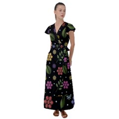 Embroidery Seamless Pattern With Flowers Flutter Sleeve Maxi Dress by Vaneshart