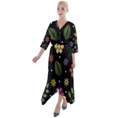 Embroidery Seamless Pattern With Flowers Quarter Sleeve Wrap Front Maxi Dress