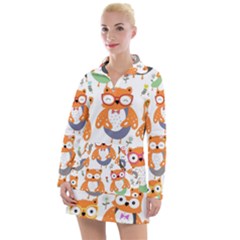 Cute Colorful Owl Cartoon Seamless Pattern Women s Long Sleeve Casual Dress by Vaneshart