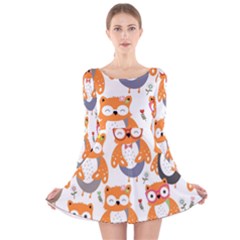 Cute Colorful Owl Cartoon Seamless Pattern Long Sleeve Velvet Skater Dress by Vaneshart