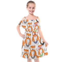 Cute Colorful Owl Cartoon Seamless Pattern Kids  Cut Out Shoulders Chiffon Dress by Vaneshart