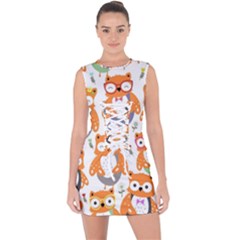 Cute Colorful Owl Cartoon Seamless Pattern Lace Up Front Bodycon Dress