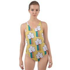 Smile Cloud Rainbow Pattern Yellow Cut-out Back One Piece Swimsuit by Vaneshart