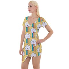 Smile Cloud Rainbow Pattern Yellow Short Sleeve Asymmetric Mini Dress by Vaneshart