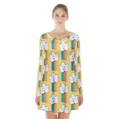 Smile Cloud Rainbow Pattern Yellow Long Sleeve Velvet V-neck Dress by Vaneshart